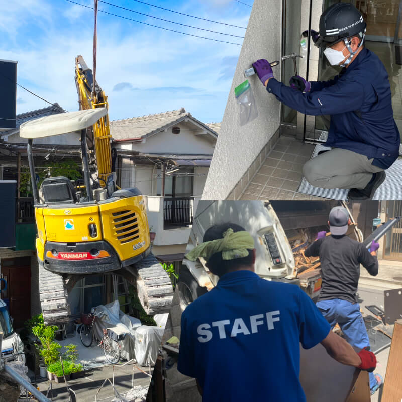 残置物撤去・解体工事・アスベスト調査を行っている作業風景